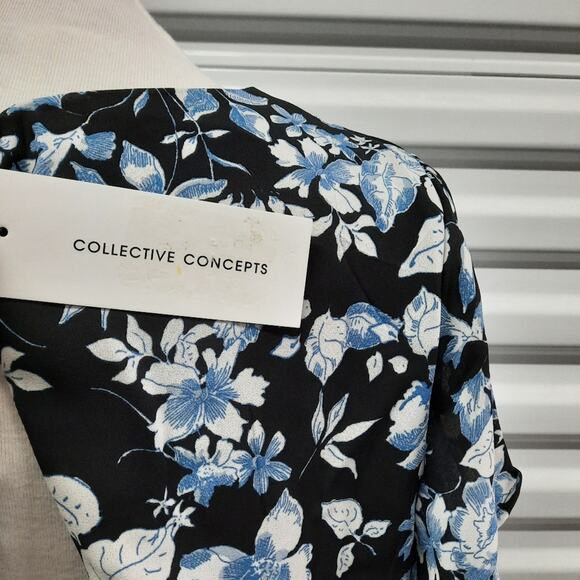 Creative Concepts Dress Women's Medium Black Blue Floral Short Sleeve Open Back - Picture 10 of 12